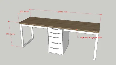 Bản vẽ 3D mẫu bàn làm việc dài có hộc tủ